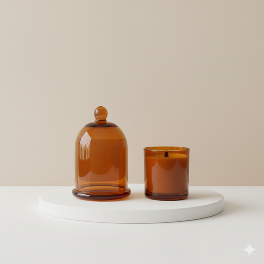 Amber Glass Cloche Candle Holder Set